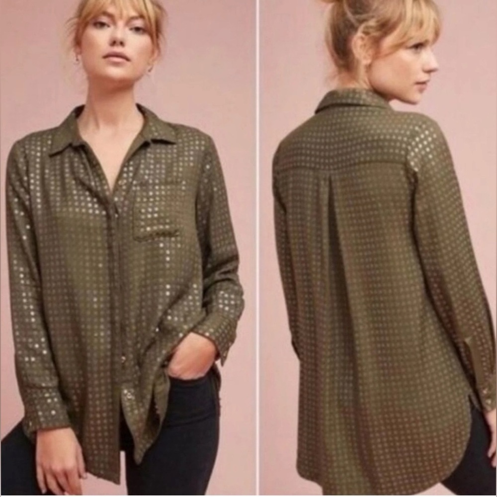 ANTHROPOLOGIE MAEVE Olive Green Arwe Sequined Blouse Oversized Size Small